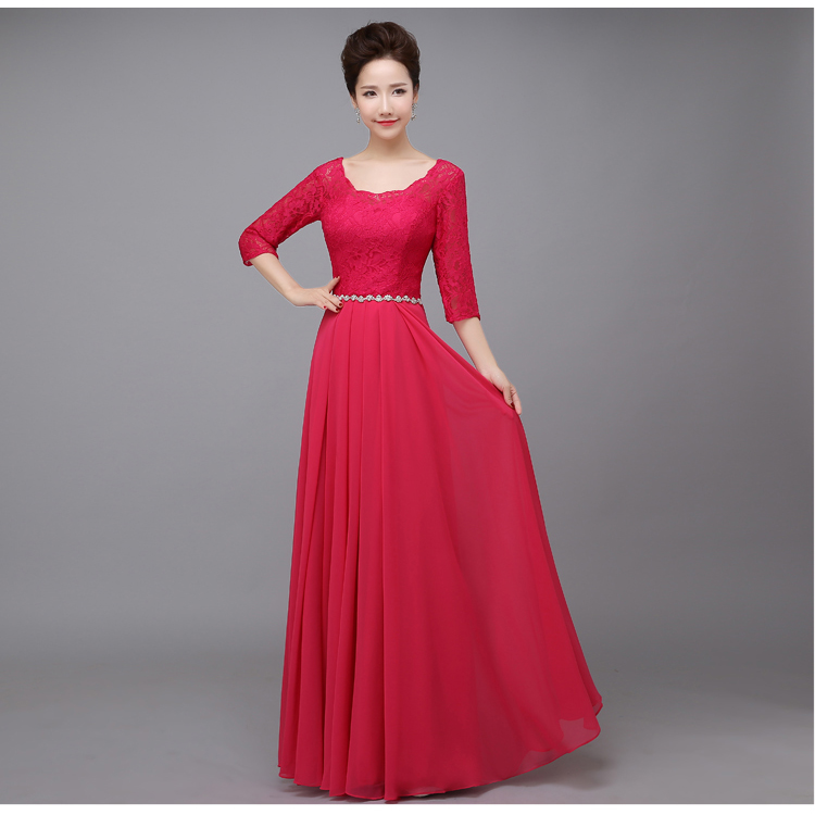 Pro-order ชุดราตรียาว แขนสามส่วน แต่งลูกไม้ช่วงบน (ลูกไม้เนื้อนิ่ม) ตัวกระโปรงเป็นผ้าชีฟอง ช่วงเอวแต่งเพชร สวยหรู ซิปหลัง ไซส์ใหญ่ XS-4XL