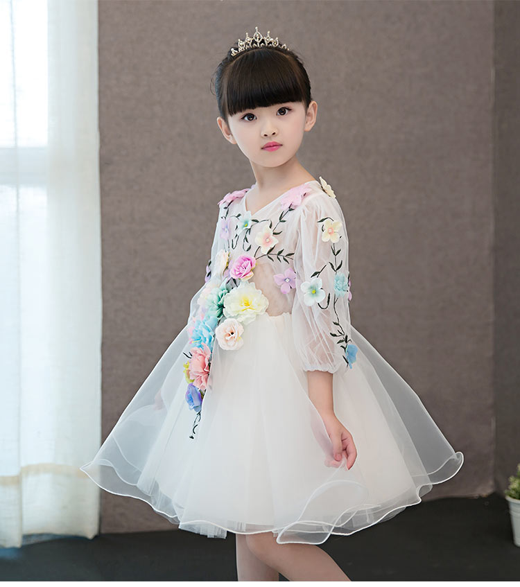 Pre-order ชุดแฟนซี ชุดกระโปรง แขนยาว แต่งดอกไม้สามมิติหลากสี กระโปรงผ้าแก้ว ซิปหลัง