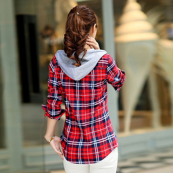 เสื้อแจ็คเก็ตแขนยาว มีฮู้ด ผ้าทอนิ่มลายสก็อต (10916AL)