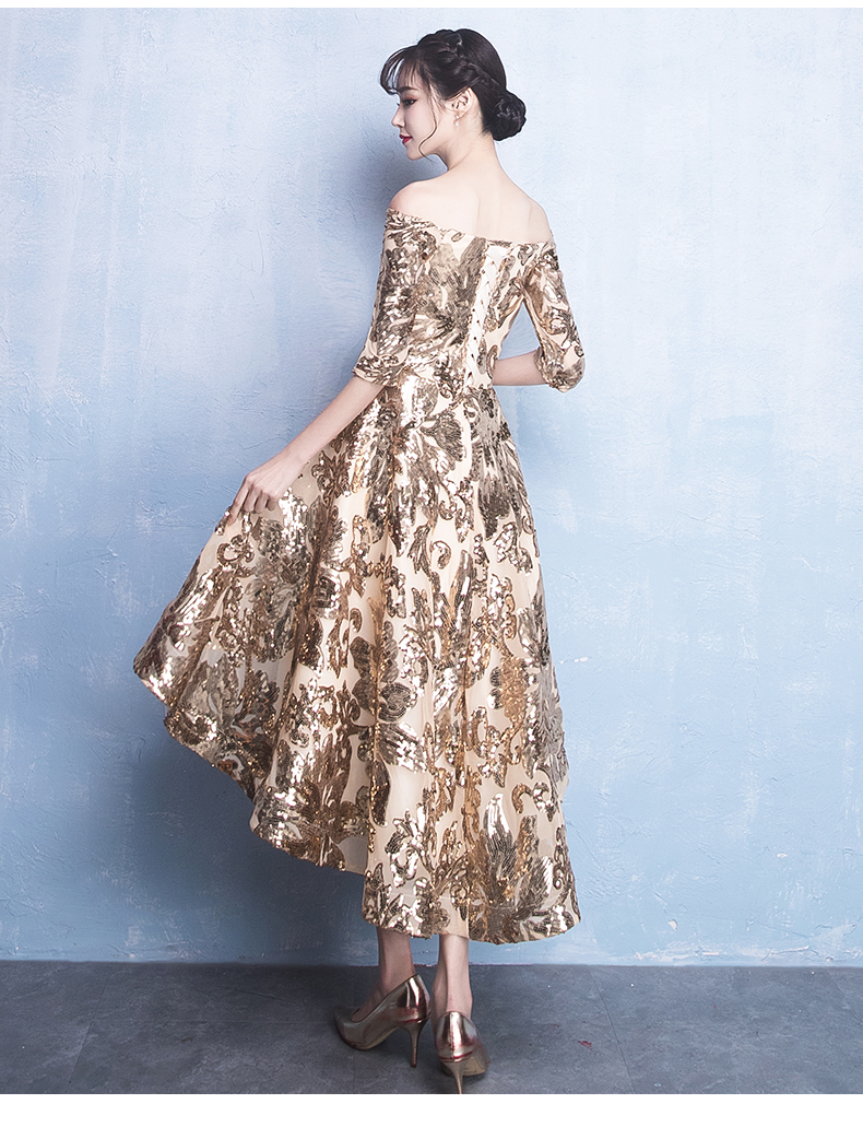 Pre-order ชุดราตรีหน้าสั้นหลังยาวสีทองปักเลื่อมลายดอกไม้ ไหล่ปาดแขนยาว เชือกผูกหลัง