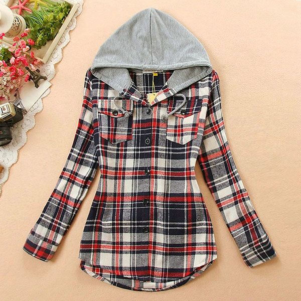 เสื้อแจ็คเก็ตแขนยาว มีฮู้ด ผ้าทอนิ่มลายสก็อต (10916AL)