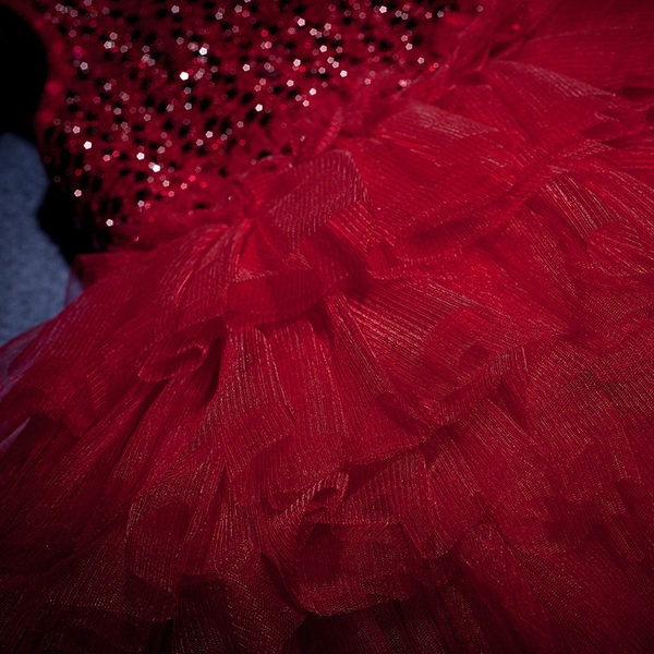 Pre-Order ชุดราตรีเด็ก สไตล์เจ้าหญิง แขนกุด สีแดง สีไวน์แดง เสื้อปักเลื่อม กระโปรงตาข่ายเป็นชั้น ๆ ซิปหลัง
