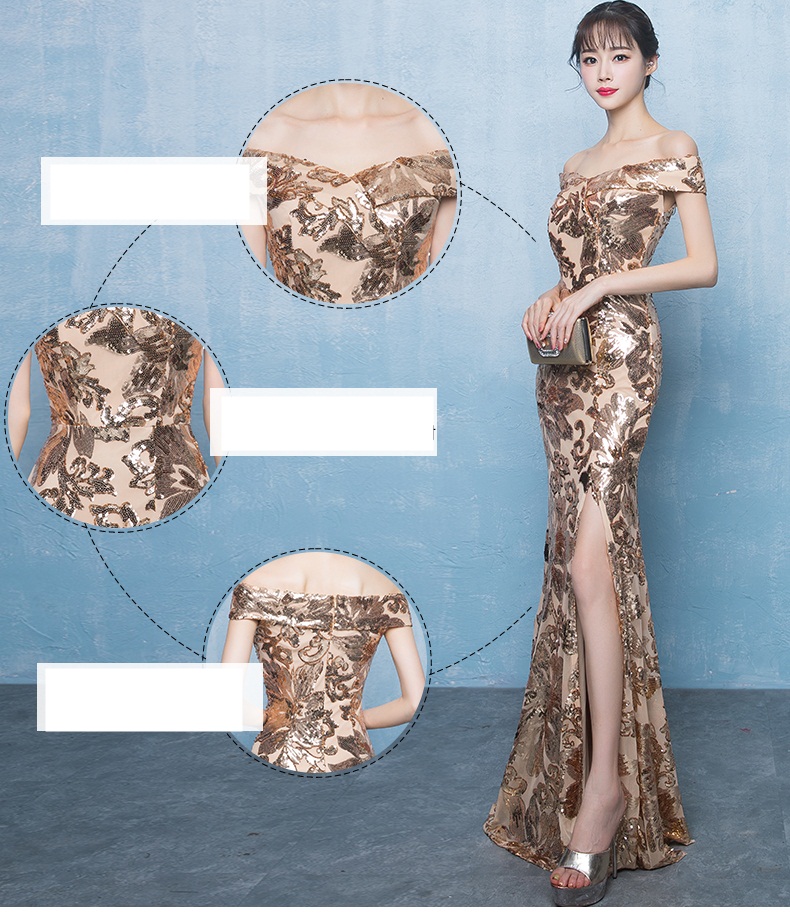 Pre-order ชุดราตรียาวแบบปาดไหล่ทรงหางปลา สีทองปักเลื่อมสวยหรู