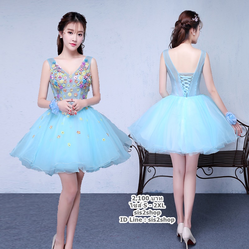 Pre-orderชุดแฟนซีชุดราตรีสั้นเกาะอกกระโปรงผ้าแก้วแต่งดอกไม้สไตล์เจ้าหญิง