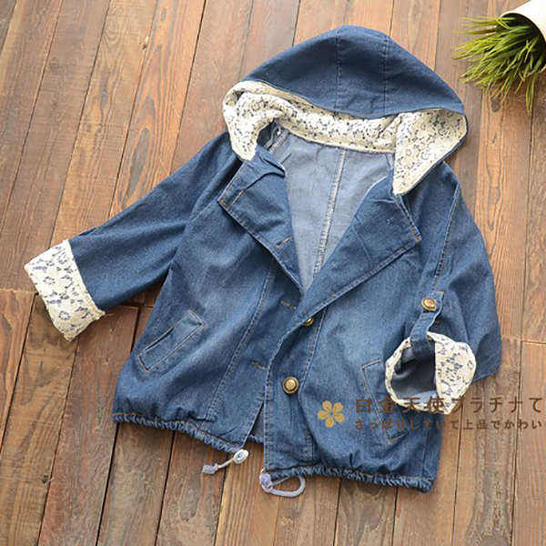 เสื้อแจ็คเก็ตยีนส์กันหนาว มีฮู้ดแต่งผ้าลูกไม้วินเทจ (11826LM)