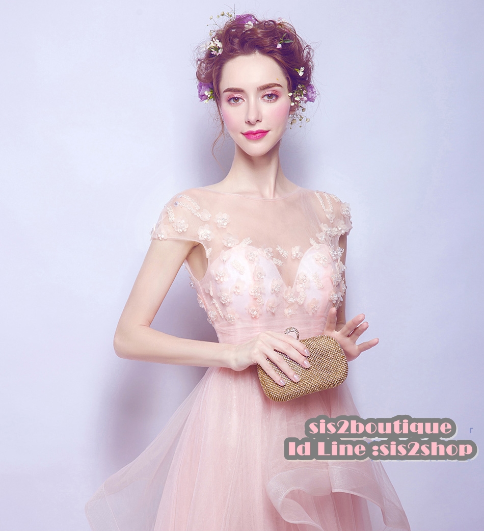 Pre-order ชุดแฟนซี ชุดเจ้าสาว ชุดราตรียาว สีชมพู แขนสั้น ซีทรู แต่งคริสตัลช่วงบน กระโปรงยาว ซิปหลัง