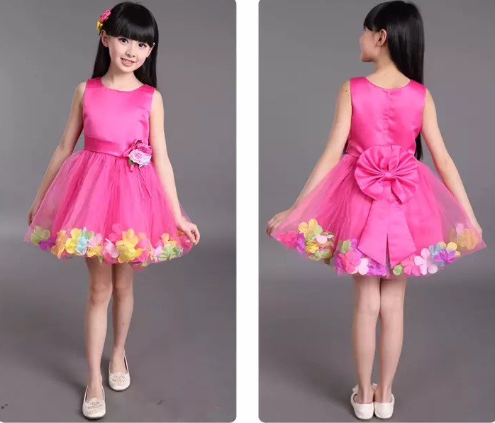 Pre-order ชุดแฟนซี ชุดแสดง ชุดกระโปรง แขนกุด คอกลม แต่งดอกคาดเอวกับชายกระโปรง แต่งโบว์ด้านหลัง มีซิปหลัง