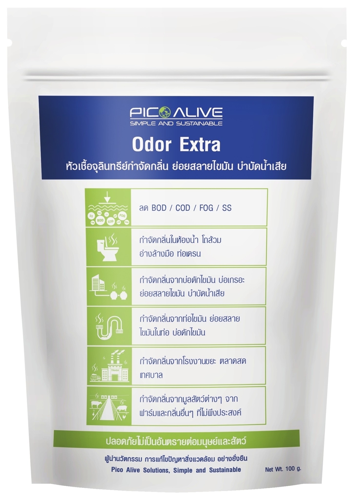หัวเชื้อจุลินทรีย์ กำจัดกลิ่นเหม็น ใน 1 นาที ย่อยสลายไขมัน ชนิดผง Odor Extra 100 g.(เฉลี่ยลิตรละ 2.25 บาท)