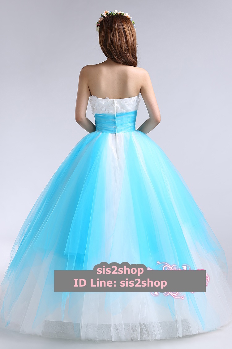 พร้อมเช่า ชุดแฟนซี ชุดราตรี สีฟ้า ขาว หน้าอกลูกไม้ ปักเลื่อมเถาใบไม้ช่วงเอว