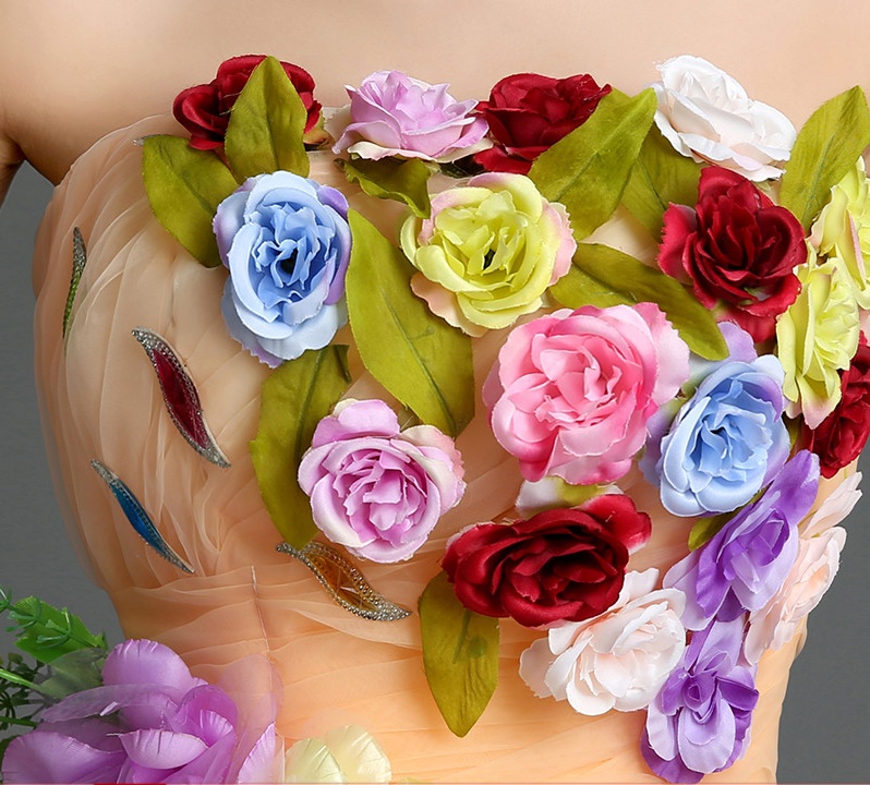 Pre-orderชุดแฟนซีชุดราตรีสั้นเกาะอก แต่งดอกไม้สามมิติ กระโปรงพองสวย