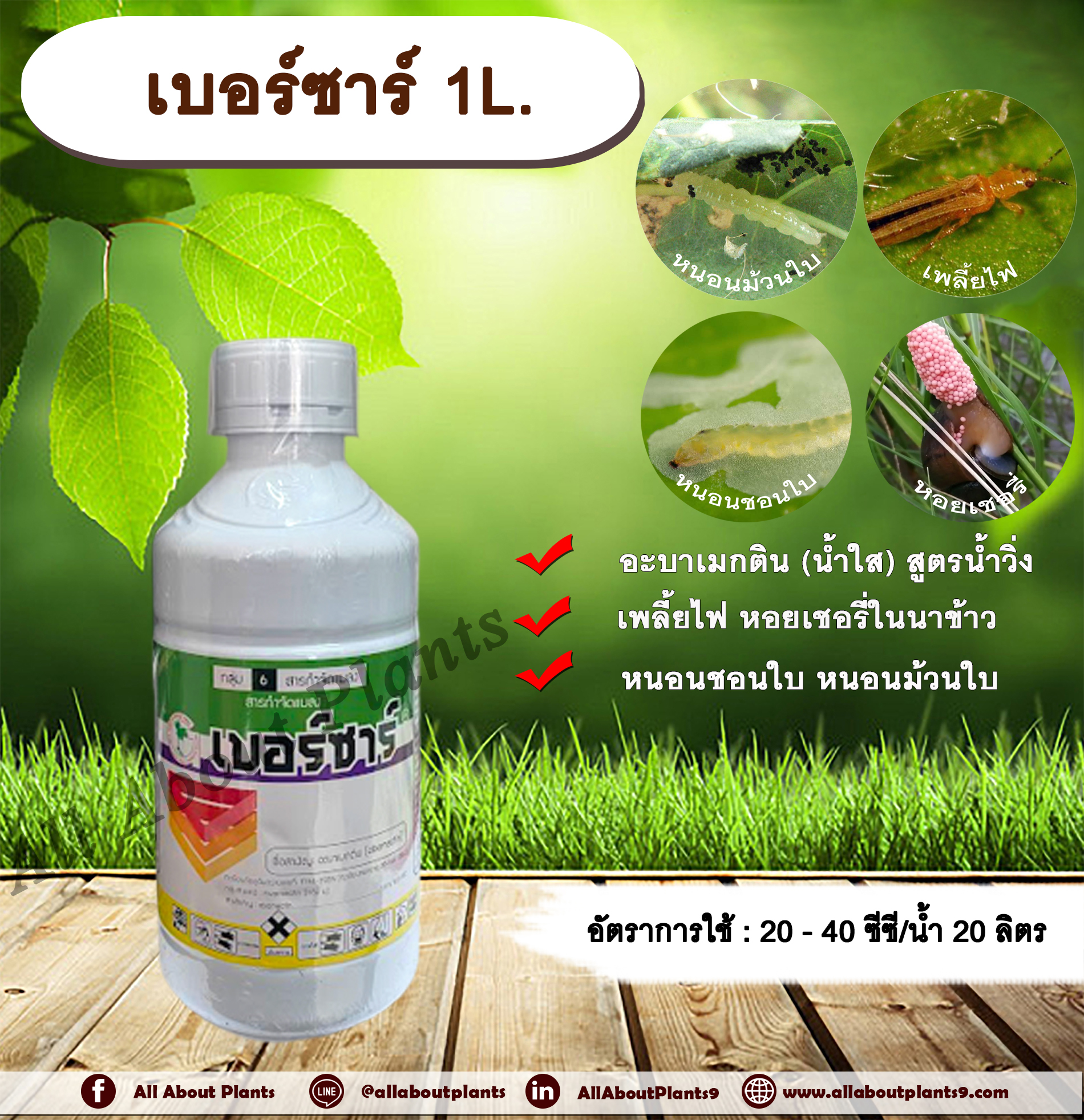เบอร์ซาร์ 1L. อะบาเม็คติน น้ำใส สูตรน้ำวิ่ง กำจัดหอยเชอรี่ สารกำจัดแมลง กำจัดเพลี้ย กำจัดหนอน เพลี้ยไฟ หนอนชอนใบ หนอนม้วนใบ ชิ้น