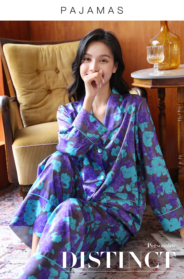 🚩พร้อมส่ง🚩ชุดนอนขายาว Silk Satin ไหมซาตินพรีเมี่ยม พิมพ์ลายดอกสไตล์วินเทจสีสด ผ้านุ่มลื่นละมุนผิว (ST122)