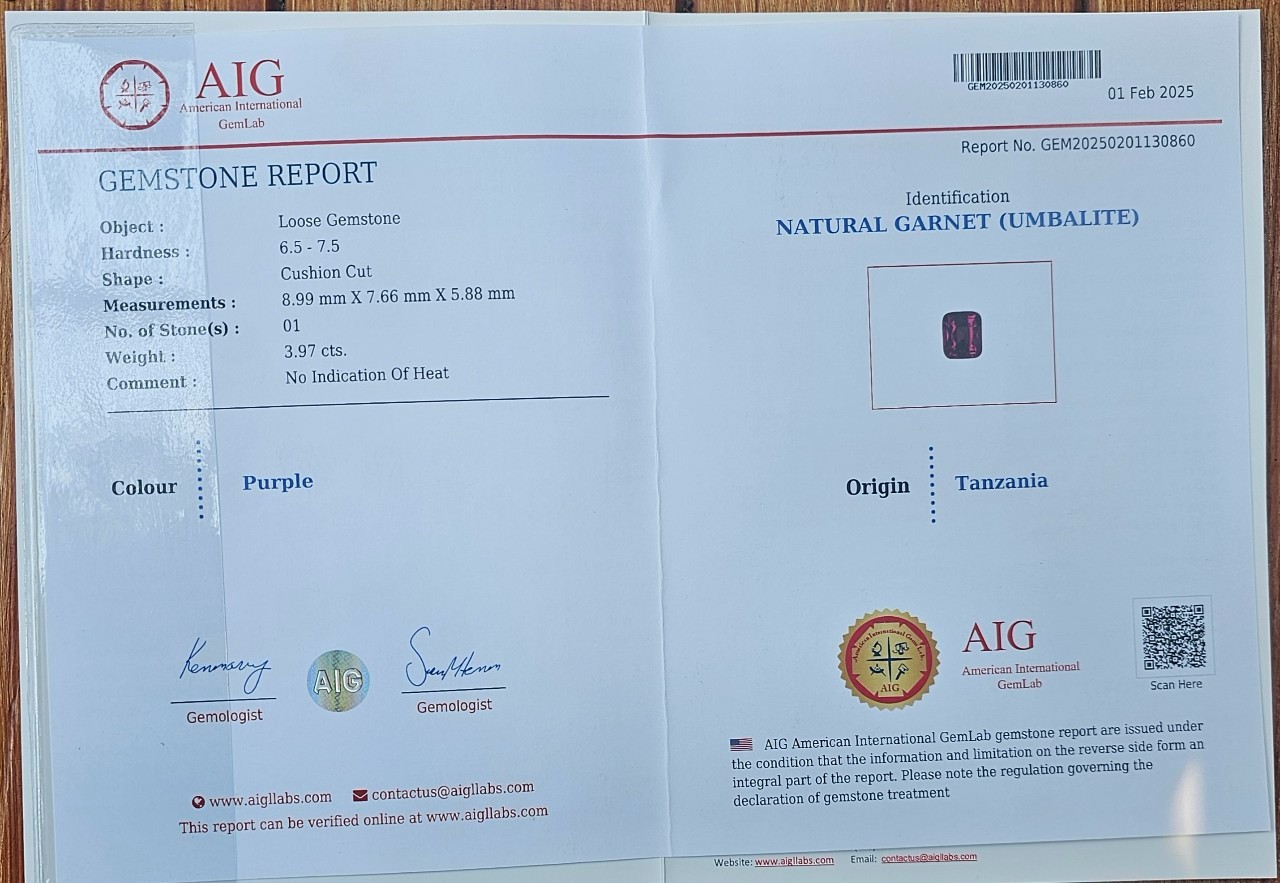 พลอย อุมบาไลต์ การ์เน็ต Umbalite Garnet 3.97 กะรัต (Cts.) ดิบ Unheated พร้อมใบเซอร์ พลอยแท้ อัญมณีมงคลประจําวันเกิด เครื่องประดับพลอย