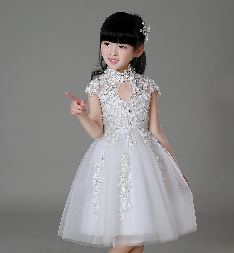 Pre-order ชุดราตรีเด็ก ชุดออกงาน ชุดกระโปรง สไตล์เจ้าหญิง แขนสั้น คอจีน เว้าตรงอก แต่งผ้าลูกไม้ กระโปรงตาข่าย มีซิปหลัง