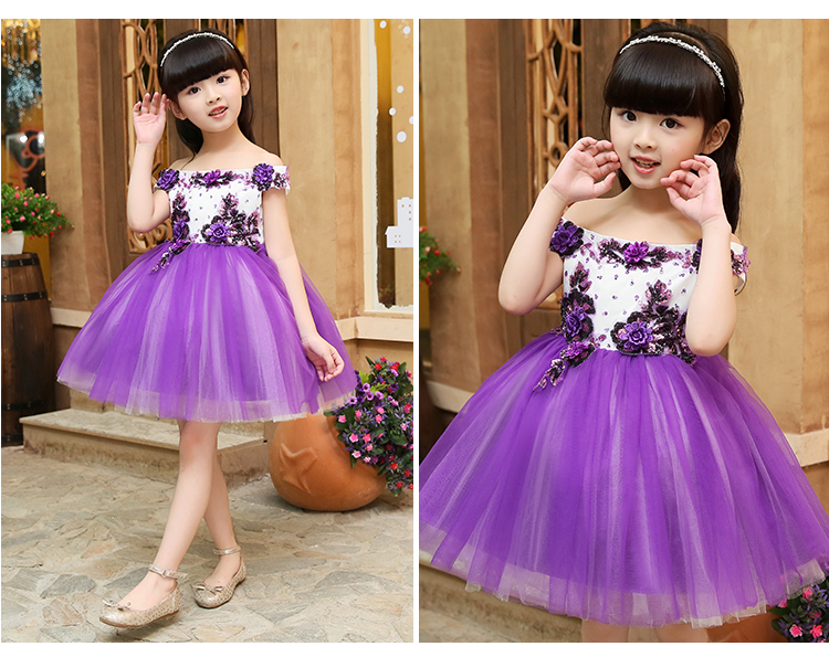 Pre-order ชุดราตรีเด็ก ชุดออกงาน ชุดกระโปรง สไตล์เจ้าหญิง แบบไหล่ปาด แต่งดอกไม้ช่วงบน กระโปรงตาข่ายฟูฟ่อง เชือกผูกหลัง สวยงาม