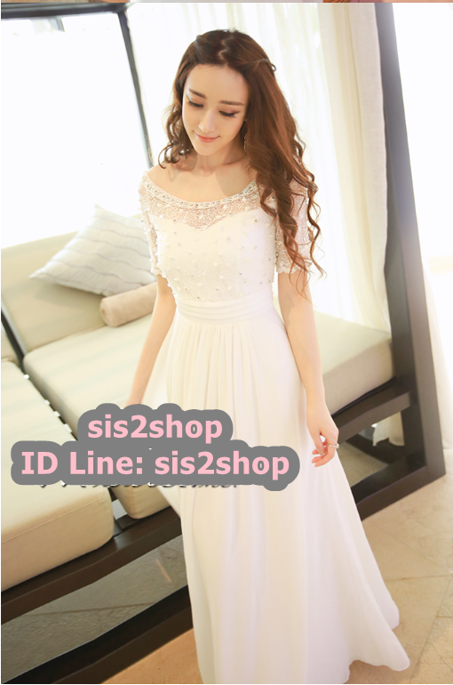 พร้อมส่ง ชุดราตรียาว ผ้าชีฟอง สีขาว เสื้อท่อนบนเป็นผ้าโปร่งปักลวดลายและปักมุขช่วงขอบคอ สวยหรู สไตล์ โบฮีเมียน