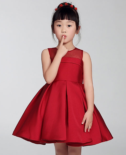 Pre-order ชุดราตรีเด็ก ชุดออกงาน ชุดกระโปรง สไตล์เจ้าหญิง แขนกุด คอกลม ผ้าไหมดัชเชด ซีทรูช่วงไหล่ กระโปรงจับจีบ แต่งโบว์ด้านหลัง มีซิป