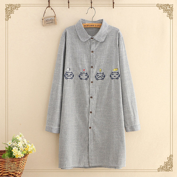เดรสเชิ้ตแฟชั่นญี่ปุ่น แขนยาว แต่งปักลายแมว (12264LM)