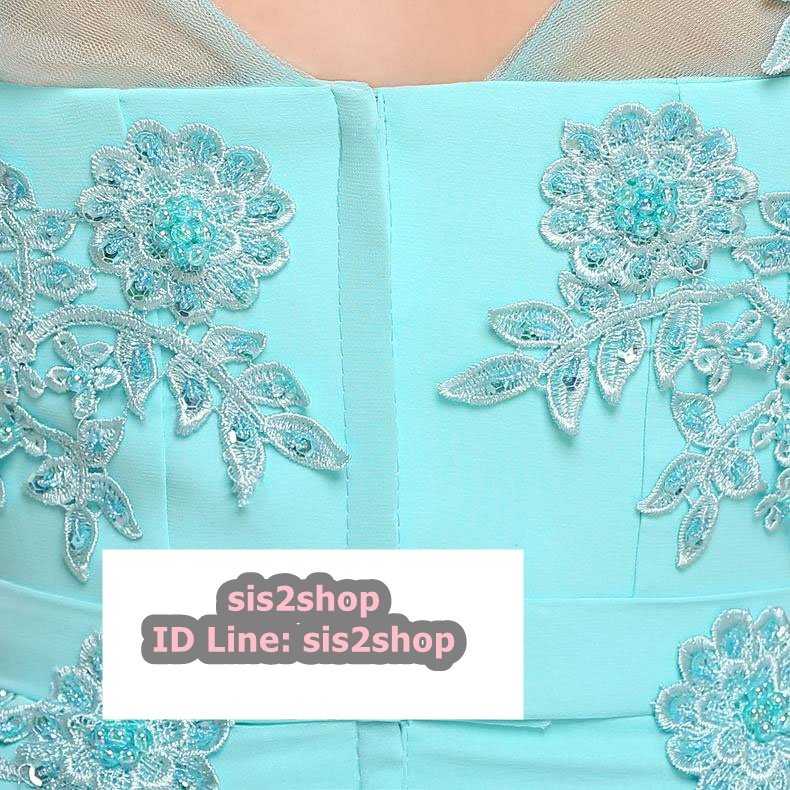 พร้อมส่ง ชุดราตรียาว ผ้าชีฟอง สีฟ้า ปักลูกไม้และแต่งลูกปัด สวยหรู