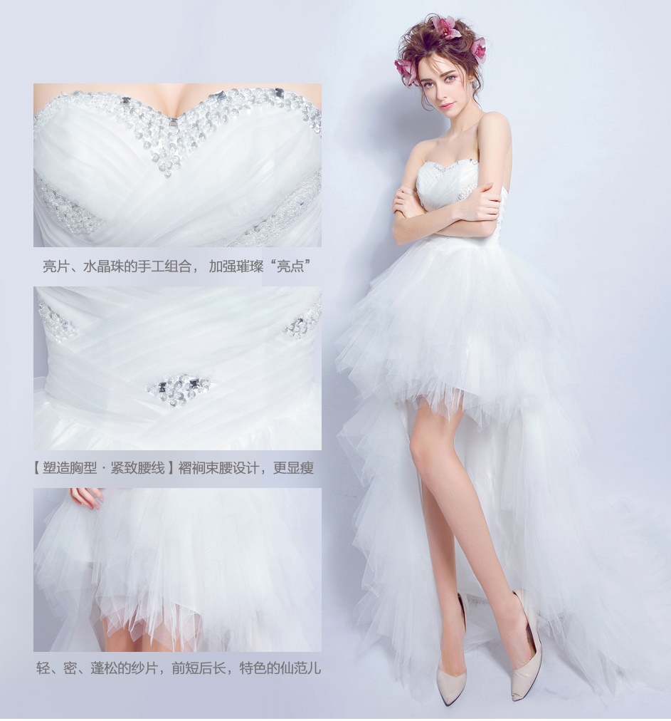 Pre-order ชุดแฟนซี ชุดราตรีสั้น หน้าสั้นหลังยาว สีขาว เกาะอก จับจีบ ปักเลื่อมช่วงอก กระโปรงเป็นชั้น เชือกผูกหลัง