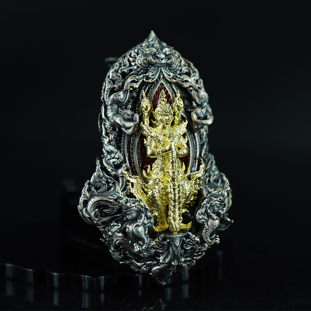 เหรียญท้าวเวสสุวรรณทรงดอกจำปี เวสสุวรรณอุรังคพิทักษ์ รายการศูนย์จอง เนื้อบรอนซ์เงินซาตินลงยา องค์พระชุบทอง