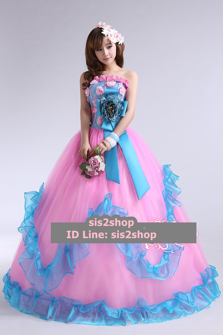 พร้อมเช่า ชุดแฟนซี ชุดราตรี สีฟ้า เกาะอก ไหล่เดียว แต่งดอกช่วงอกและเอว เชือกผูกหลัง กระโปรงพองสวย สไตล์เจ้าหญิง