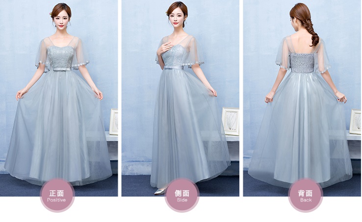 พร้อมส่ง ชุดราตรียาว เพื่อนเจ้าสาว กระโปรงตาข่าย สีเทา แขนระบาย พรางต้นแขน อกแต่งลูกไม้ พร้อมโบว์คาดเอว (จับสม๊อกด้านหลัง)