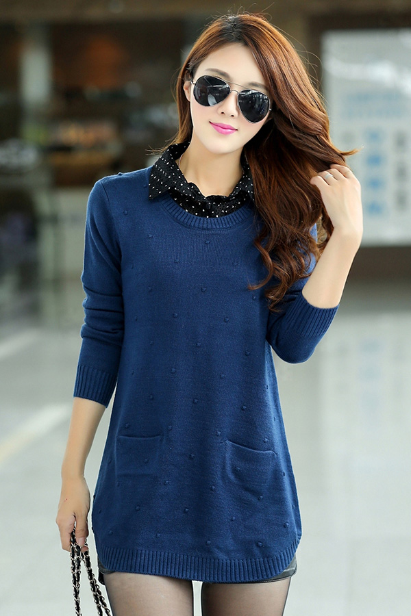 เสื้อสเวตเตอร์ไหมพรม คอปกเชิ้ตลายจุด แต่งกระเป๋าคู่ (12217B)