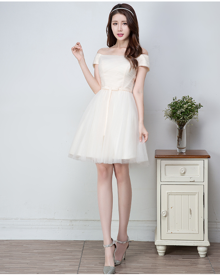 Pre-order ชุดราตรีสั้น ไหล่ปาด อัดพลีท แต่งโบว์คาดเอว กระโปรงตาข่าย เชือกผูกหลัง