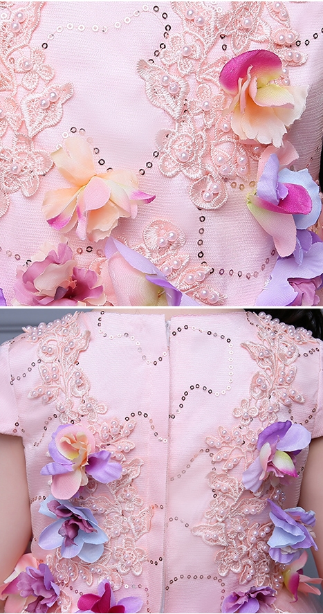 Pre-order ชุดแฟนซี แขนสั้น คอกลม ปักเลื่อม แต่งดอกไม้ กระโปรงตาข่าย ซิปหลัง