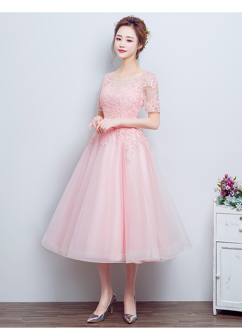 Pre-order ชุดราตรีสั้น แขนสามส่วน สีชมพูโอโรส สวยหวาน กระโปรงตาข่าย (ยาว) ตัวชุดลูกไม้&แต่งโบว์ช่วงเอว ซิปหลัง