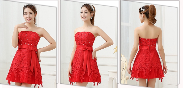 Pre-order ชุดราตรีสั้น เกาะอก สีแดง แต่งลูกไม้ ปักมุก คาดเอวด้วยโบว์ มีซิป