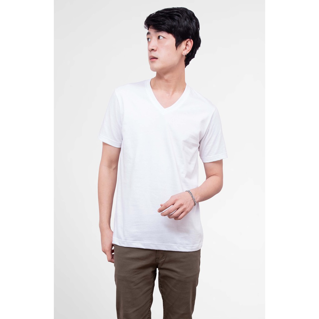 Noproblem Noproblem ยอดขาย No.1 รับประกัน ไม่ย้วย ไม่ยืด ผ้านุ่ม เสื้อยืด สีพื้น เสื้อยืดคอวี สีขาว