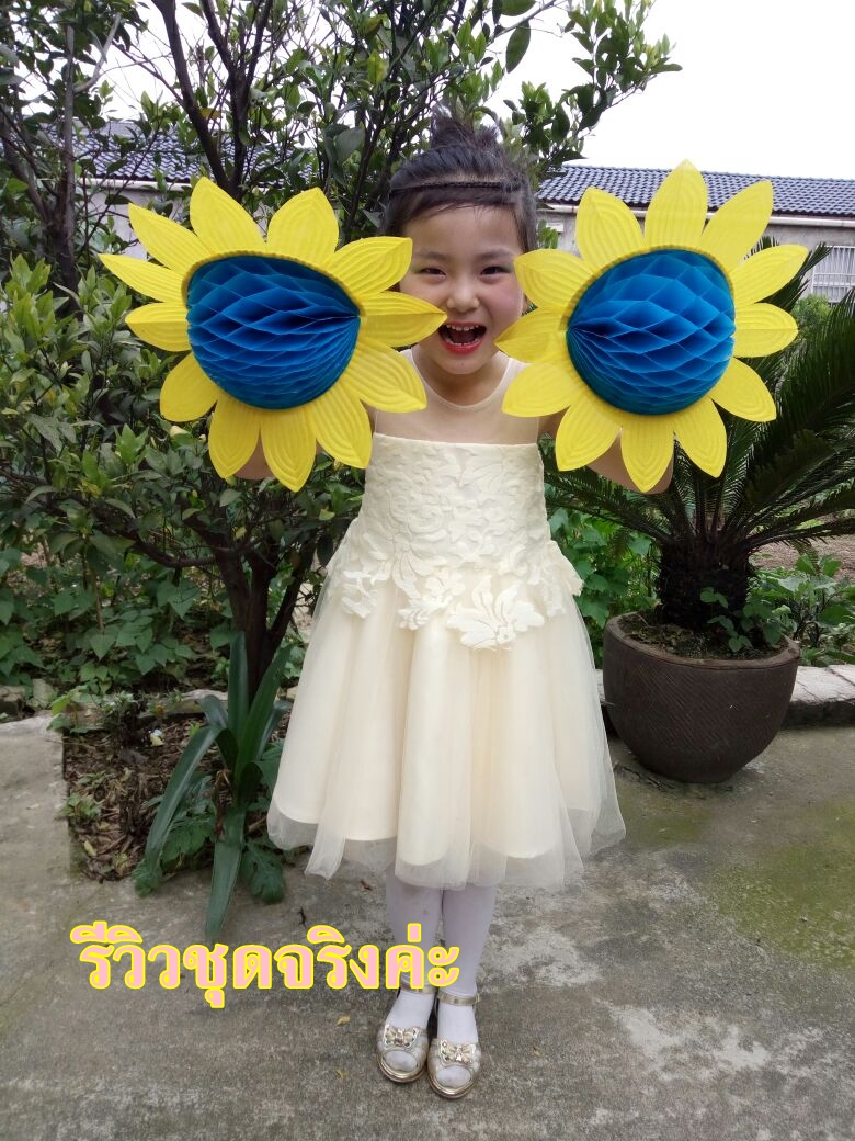 Pre-order ชุดราตรีเด็ก ชุดออกงาน ชุดกระโปรง สไตล์เจ้าหญิง แขนกุด คอกลม ผ้าลูกไม้ กระโปรงตาข่าย แต่งโบว์ด้านหลัง มีซิป