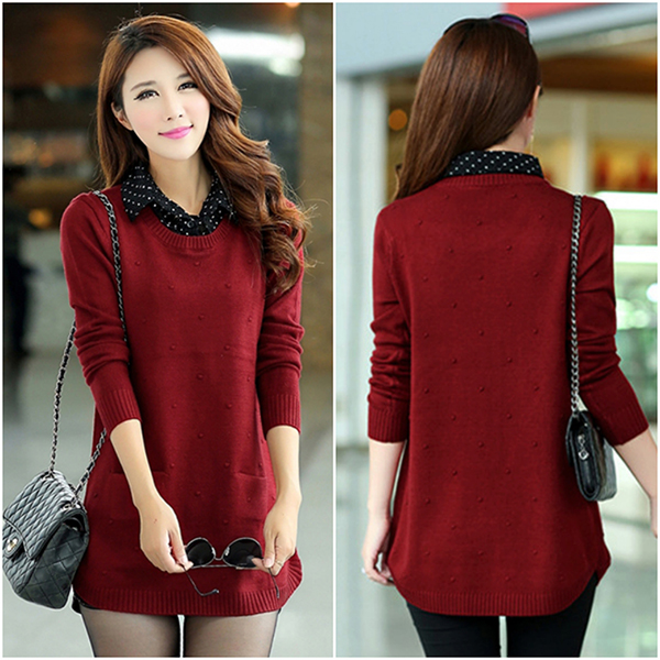 เสื้อสเวตเตอร์ไหมพรม คอปกเชิ้ตลายจุด แต่งกระเป๋าคู่ (12217B)