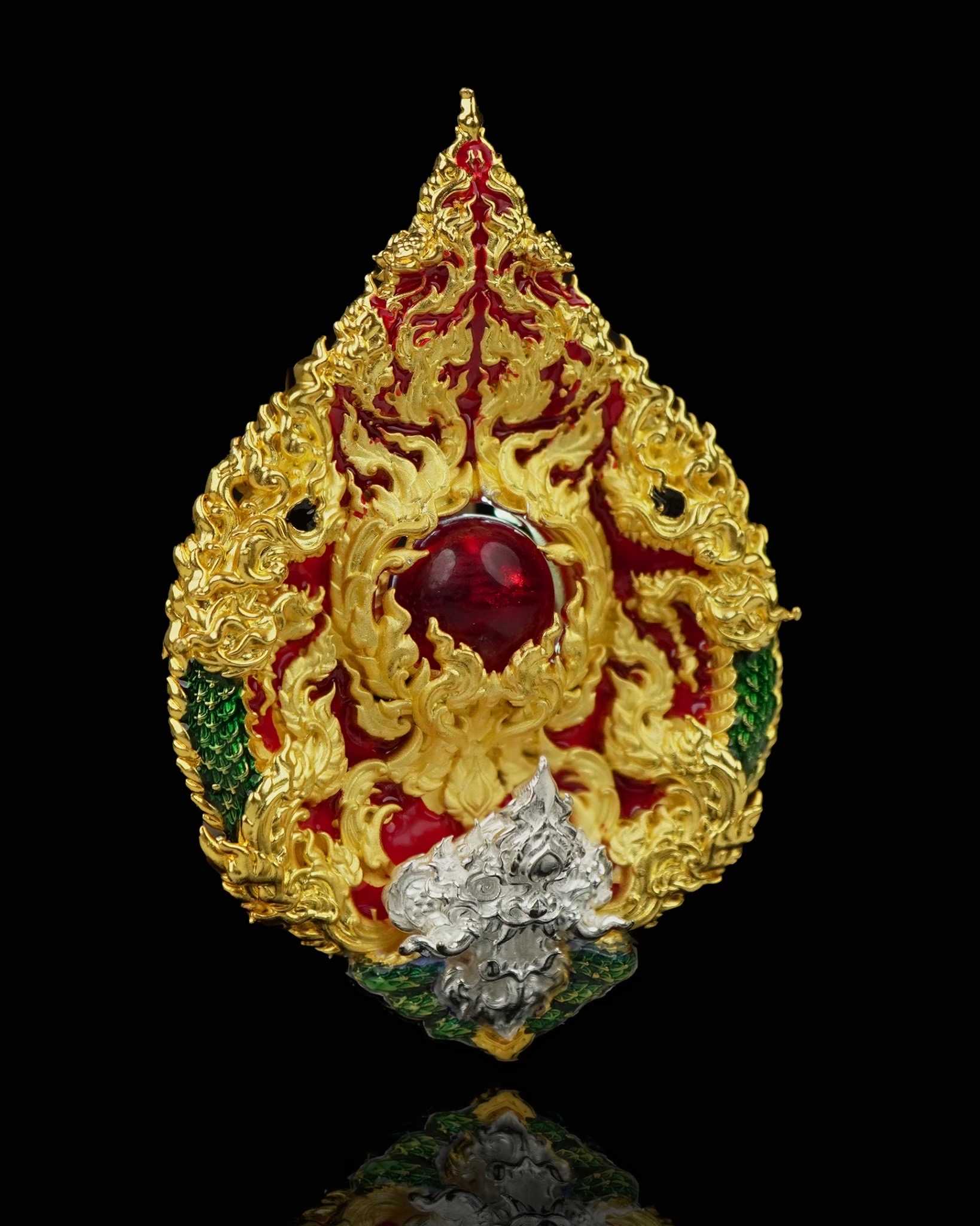 เหรียญมณีนาคราชแก้วบุญฤทธิ์ รหัส3 เนื้อบรอนซ์ชุบ2K ลงยาแดงเขียว