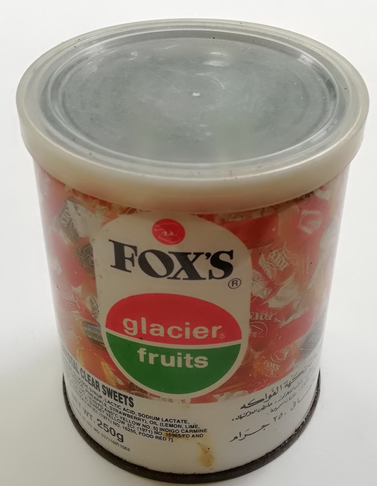 ของสะสม กล่องสังกะสี (กล่องโลหะ) กระป๋องลูกอม ตรา FOX'S glacier fruits,crystal clear sweet ทรงกระบอก เส้นผ่าศุนย์กลางประมาณ 3.5" สูงประมาณ 4.5"