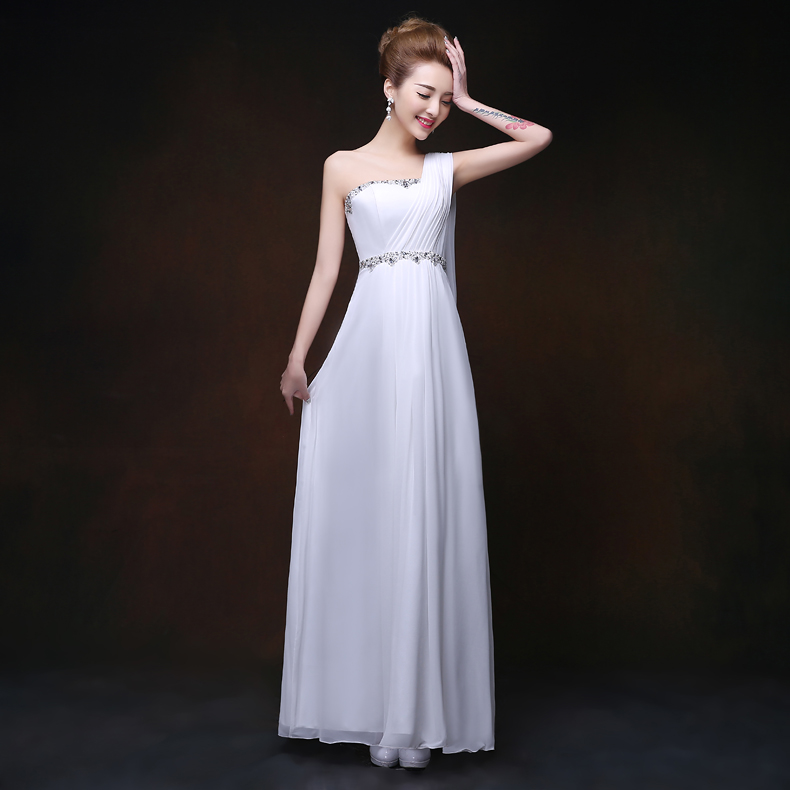 Pro-order ชุดราตรียาว เกาะอก ไหล่เดียว ผ้าชีฟอง ปักเลื่อม แต่งเพชร มีซิปหลัง