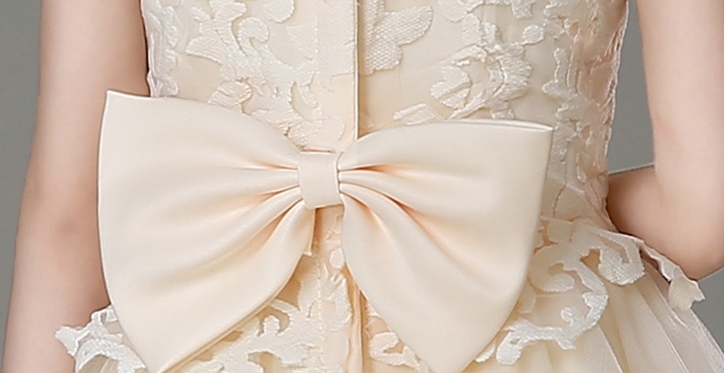 Pre-order ชุดราตรีเด็ก ชุดออกงาน ชุดกระโปรง สไตล์เจ้าหญิง แขนกุด คอกลม ผ้าลูกไม้ กระโปรงตาข่าย แต่งโบว์ด้านหลัง มีซิป