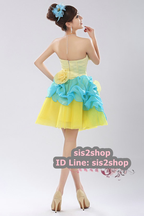 พร้อมเช่า ชุดแฟนซี ชุดราตรีสั้น สีเหลือง ฟ้า แต่งดอกไม้ อกแต่งเลื่อม