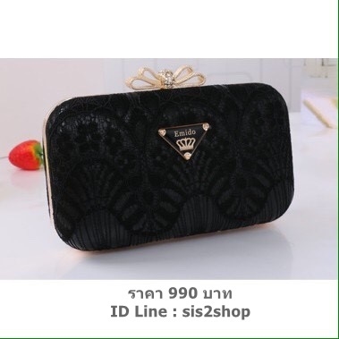 Evening Clutch กระเป๋าออกงาน Emido ทรงสี่เหลี่ยม แบบลูกไม้เรียบหรู สีขาว จุกเปิดเก๋ๆรูปโบว์มีเพชร มาพร้อมสายสะพายยาว