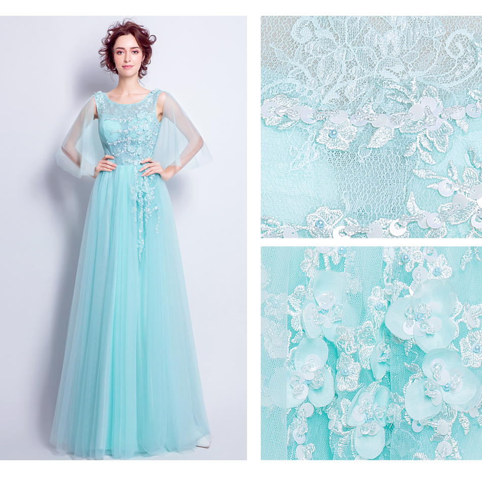 Pre-order ชุดแฟนซี ชุดเจ้าสาว ชุดราตรียาว สีฟ้าทะเล แขนแต่งระบาย แต่งดอกไม้ ปักเลื่อมช่วงอก กระโปรงตาข่าย เชือกผูกหลัง