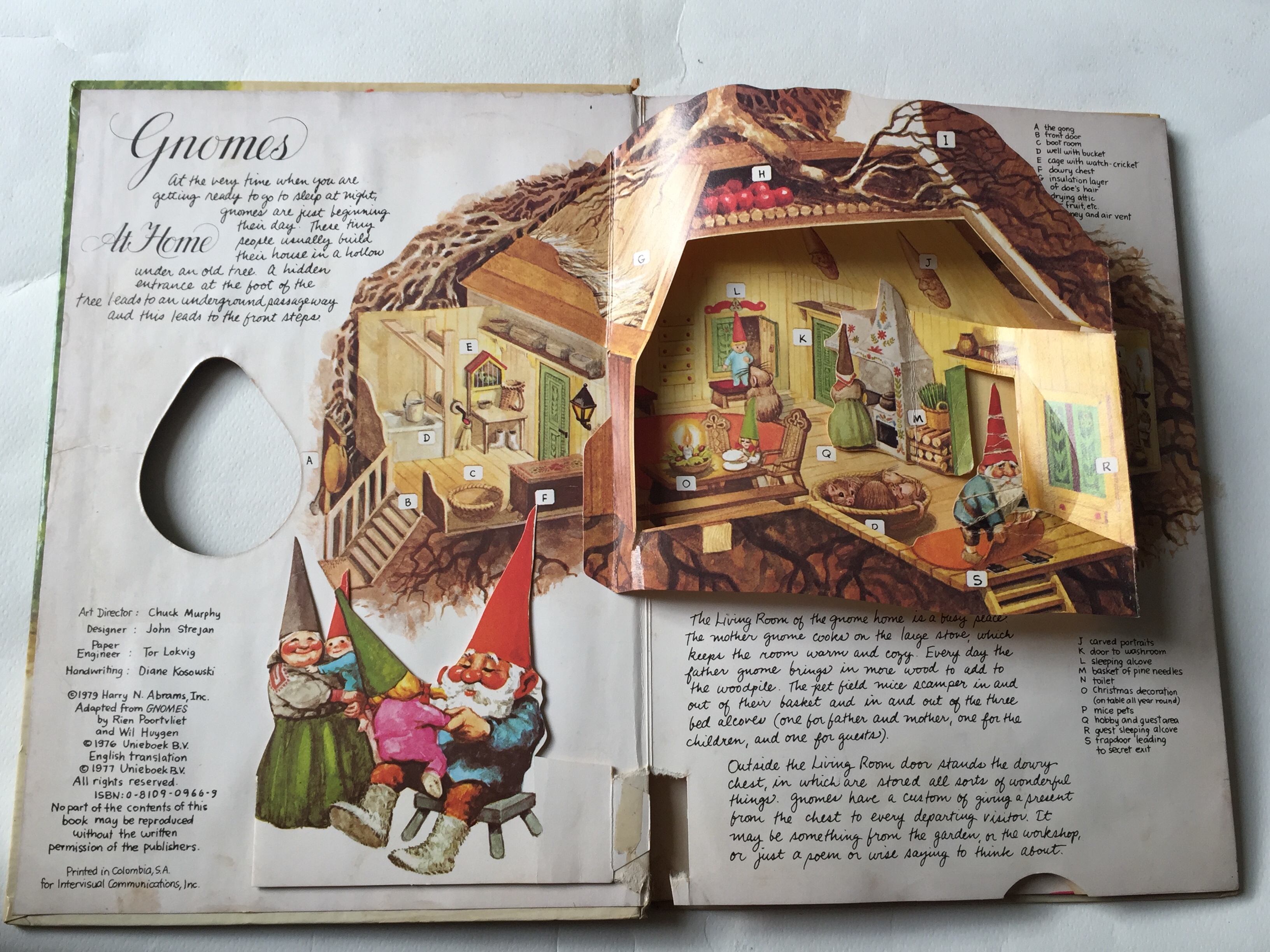 หนังสือภาพเก่าปกแข็ง ฉบับภาษาอังกฤษ pop up Book of Gnomes ** มีตำหนิ โปรดตรวจสอบทุกภาพ,Art Director: Chuck Murphy Designer : John stresan Paper Engineer : Tor Lokvig Handwriting: Diane Kosowski @1979 Harry N.Abrams,Ine. Adapted from GNOMES by Rien Poortvl