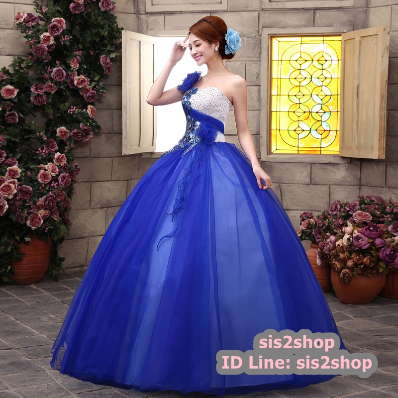 พร้อมเช่า ชุดแฟนซี ชุดราตรียาว เกาะอก ไหล่เดียว สีน้ำเงิน