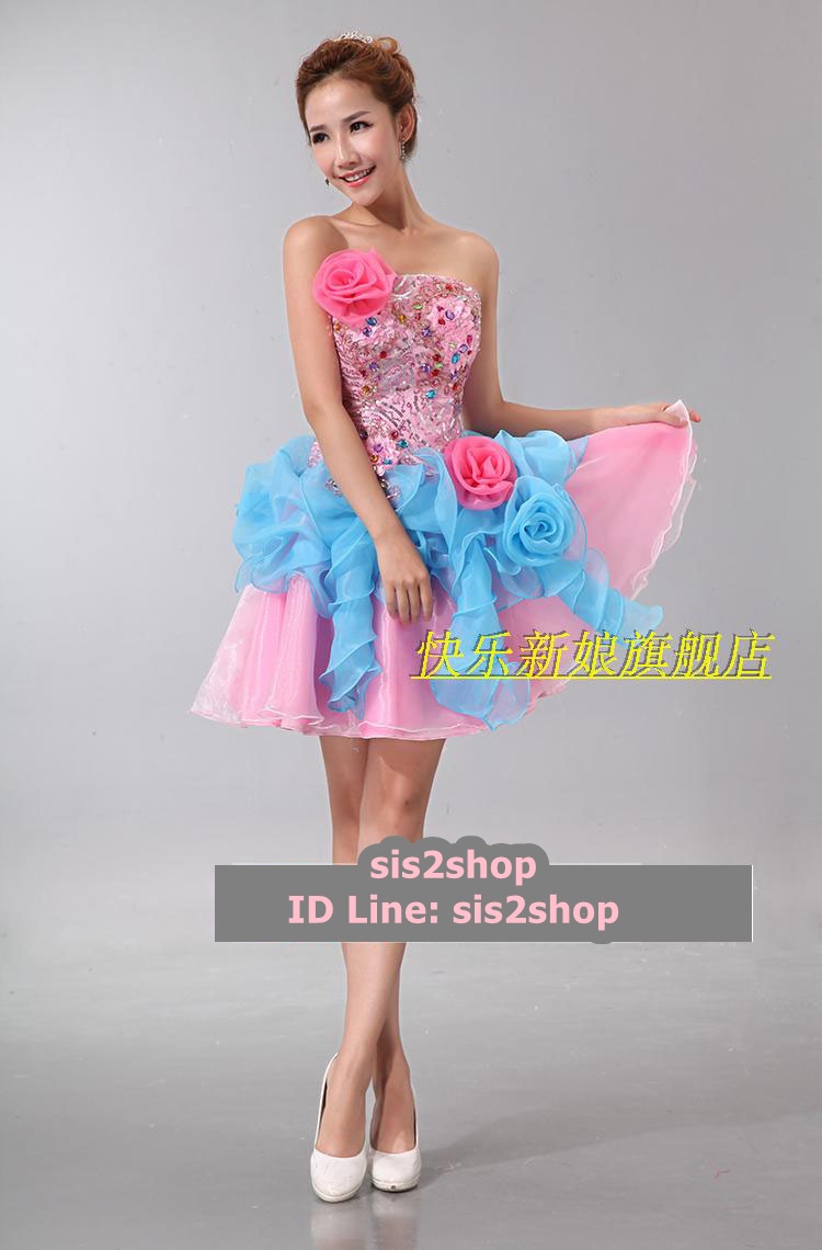 พร้อมเช่า ชุดแฟนซี ชุดราตรีสั้น เกาะอก ปักเลื่อมช่วงอก กระโปรงแต่งดอก สวยงาม