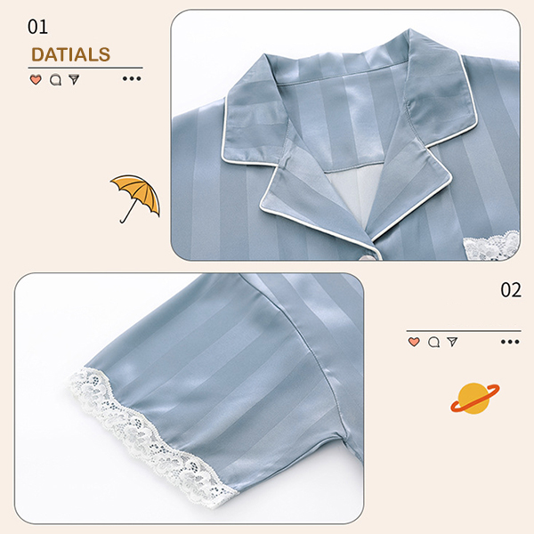 🚩พร้อมส่ง🚩ชุดนอน Silk Satin แขนสั้นขาสั้น ชุดนอนซาตินเกรดพรีเมี่ยม ผ้านุ่มลื่นละมุนผิว แต่งปักลูกไม้ (CT116-3)