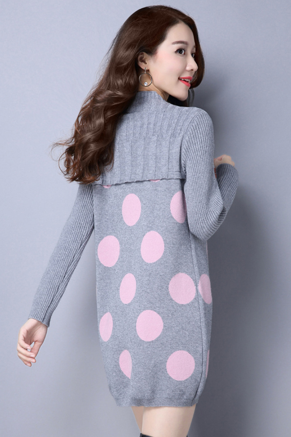 เดรสไหมพรมคอเต่า แขนยาว ถักลายวงกลม (12220B)