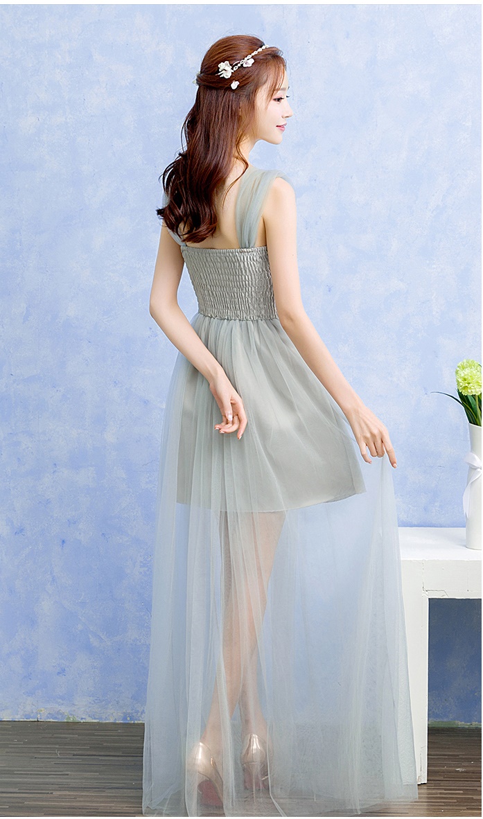 พร้อมส่ง ชุดราตรียาว เพื่อนเจ้าสาว สีเทา กระโปรงตาข่าย ใส่แบบแขนกุด หรือ ปิดไหล่ก็ได้ ซิปข้างลำตัว (จับสม๊อกด้านหลัง)