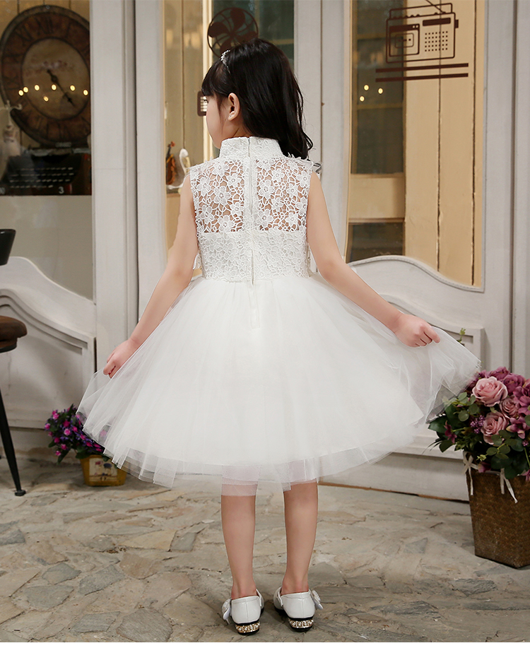 Pre-order ชุดราตรีเด็ก ชุดออกงาน ชุดกระโปรง แขนกุด คอจีน แต่งดอก แต่งเพชรช่วงอก กระโปรงตาข่าย ซิปหลัง