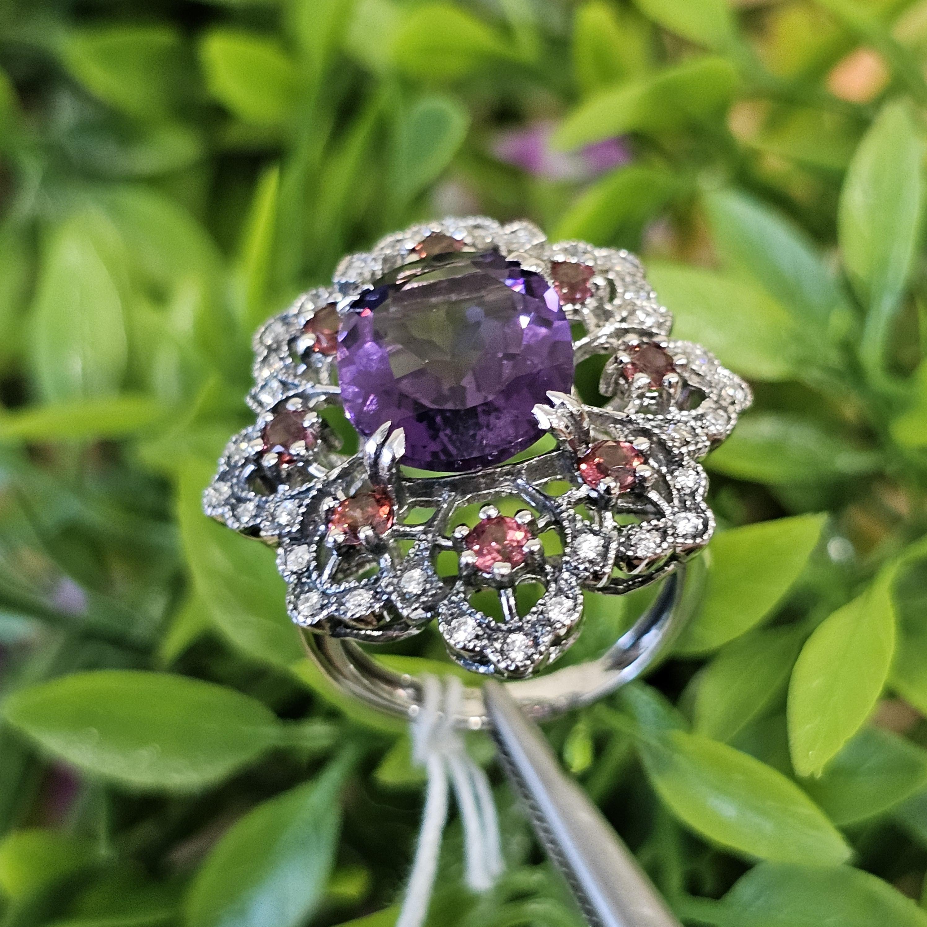 แหวนอเมทิส ตัวเรือนเงิน 56 ชุบทองคำขาว/โรเดียม ประดับด้วย เพชร CZ คัดคุณภาพ